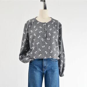 Vintage 80s Gray and White Bow Print Henley Knit Top size M